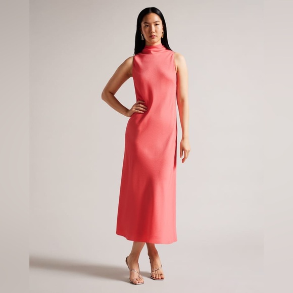 Ted Baker Eleanar Cowl Neck Sleeveless Midi Slip Dress in Coral Sz 6 NWT - Picture 1 of 9